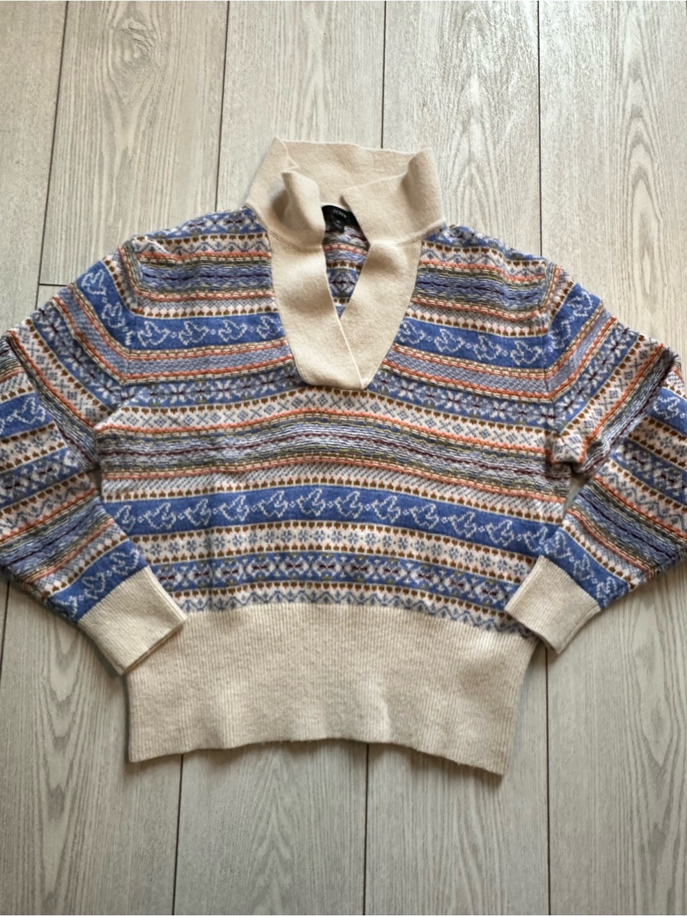 J. Crew Cream Sweater with Blue and Brown Fair Isle Stripe